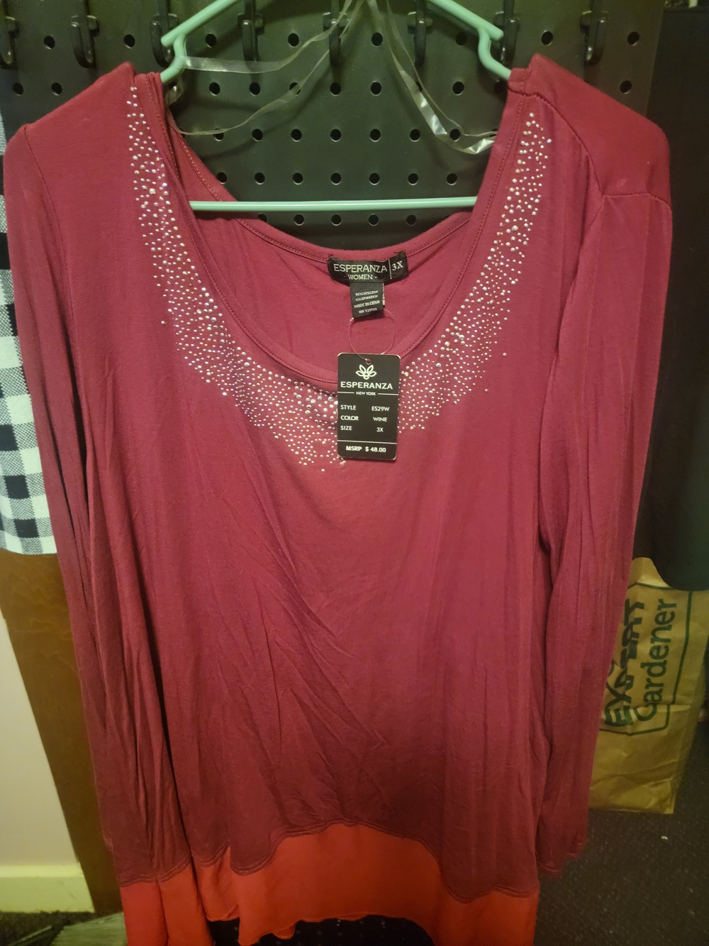 Esperanza Women's Long-Sleeve Scoop Neck Top in Wine with Rhinestone Accent